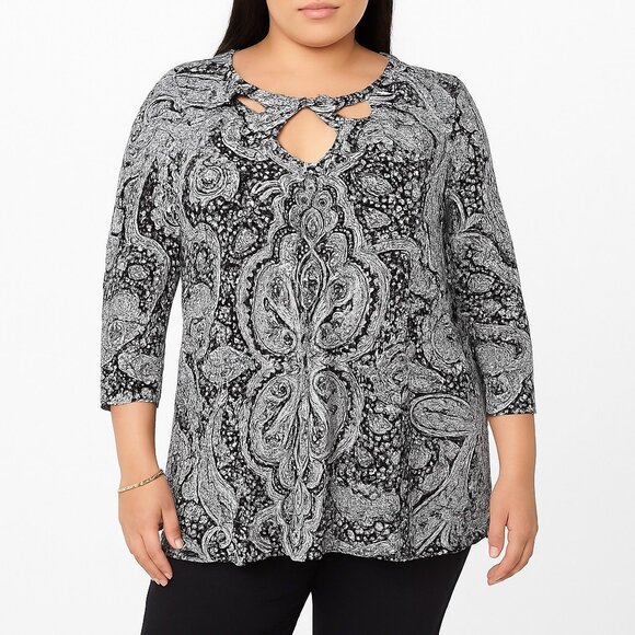 INC International Concepts Black White Paisley Cutout Keyhole‎ 3/4 Sleeve Blouse - Picture 2 of 13